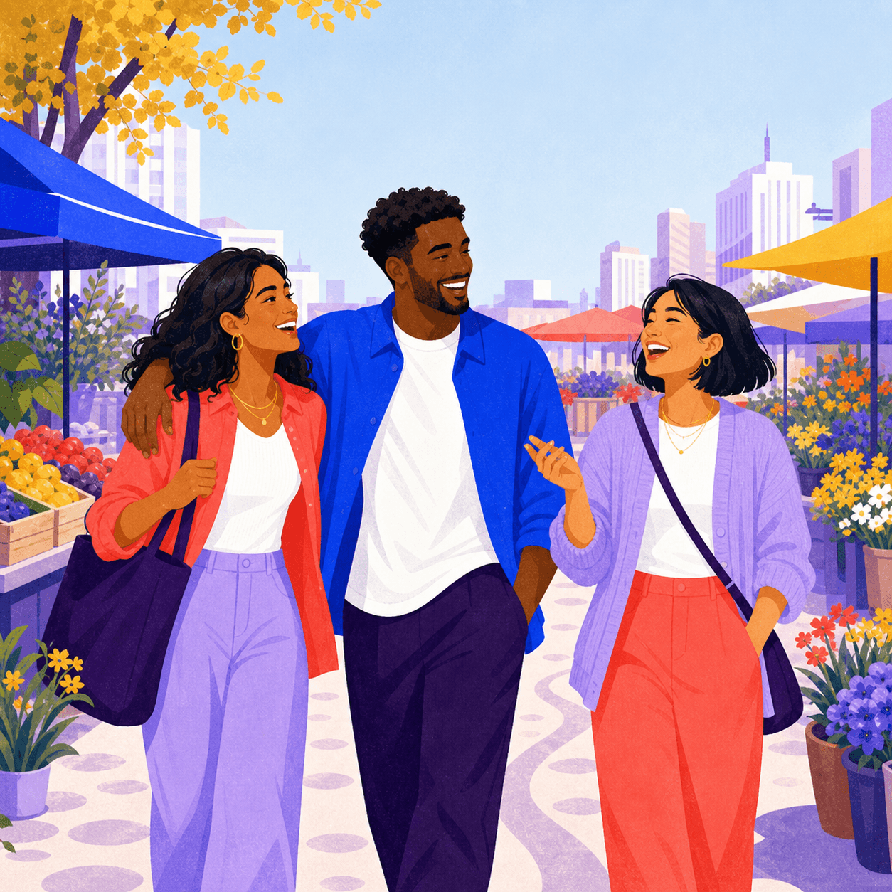 Friends walking confidently through a city market